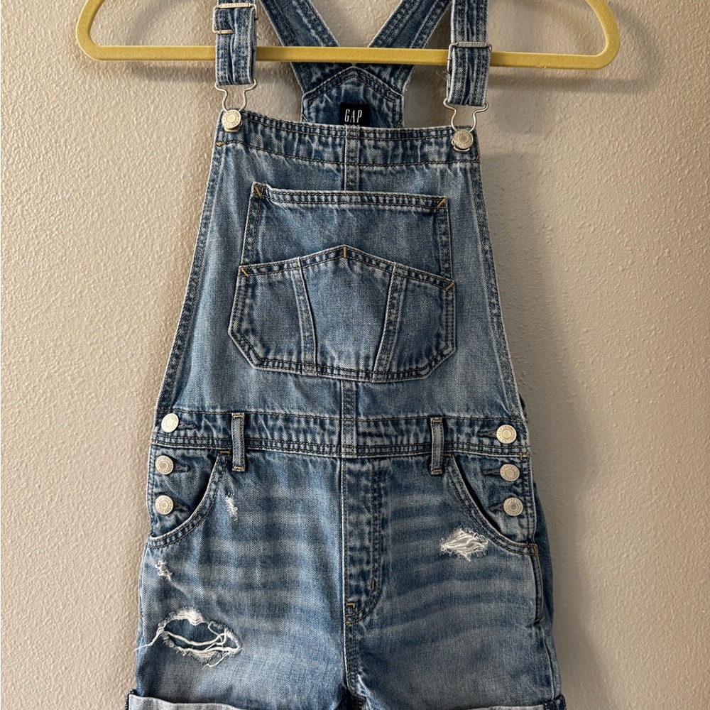 GAP Light Blue Distressed Denim Short Overalls